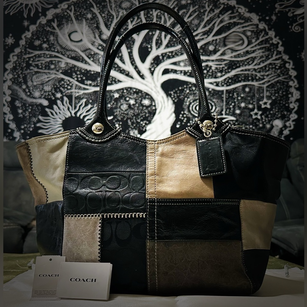 Rare Vintage Y2K style Coach Tote bag Black and Cream Patchwork shoulder bag - Picture 6 of 17